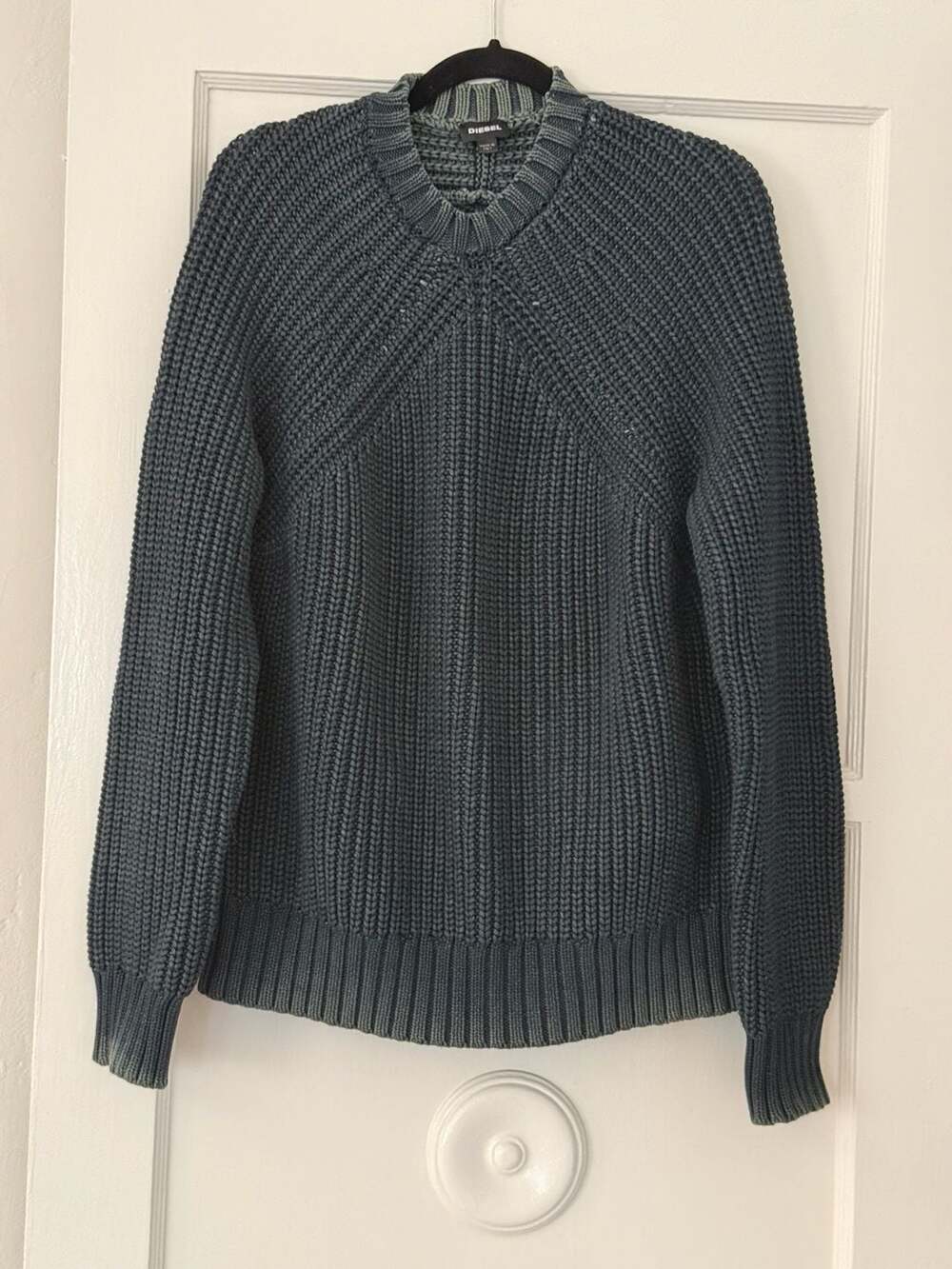 Diesel Thick Ribbed Knit Raglan Sweater in Faded Green Made in Italy